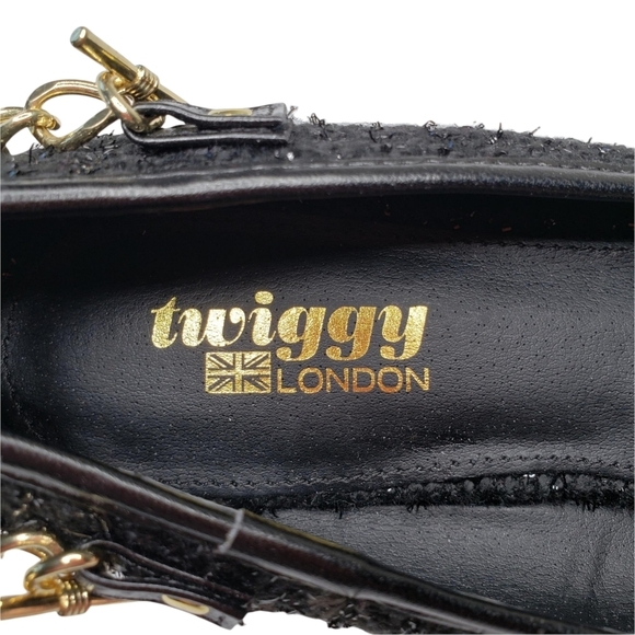 Twiggy London | Black Sparkle Tweed Round Toe Gold Slip On Flats Women's 7.5 - Picture 6 of 11